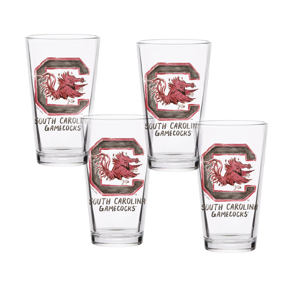 Set of 4 South Carolina Gamecocks Mascot by Laura Wilcox 16oz Pint Glasses