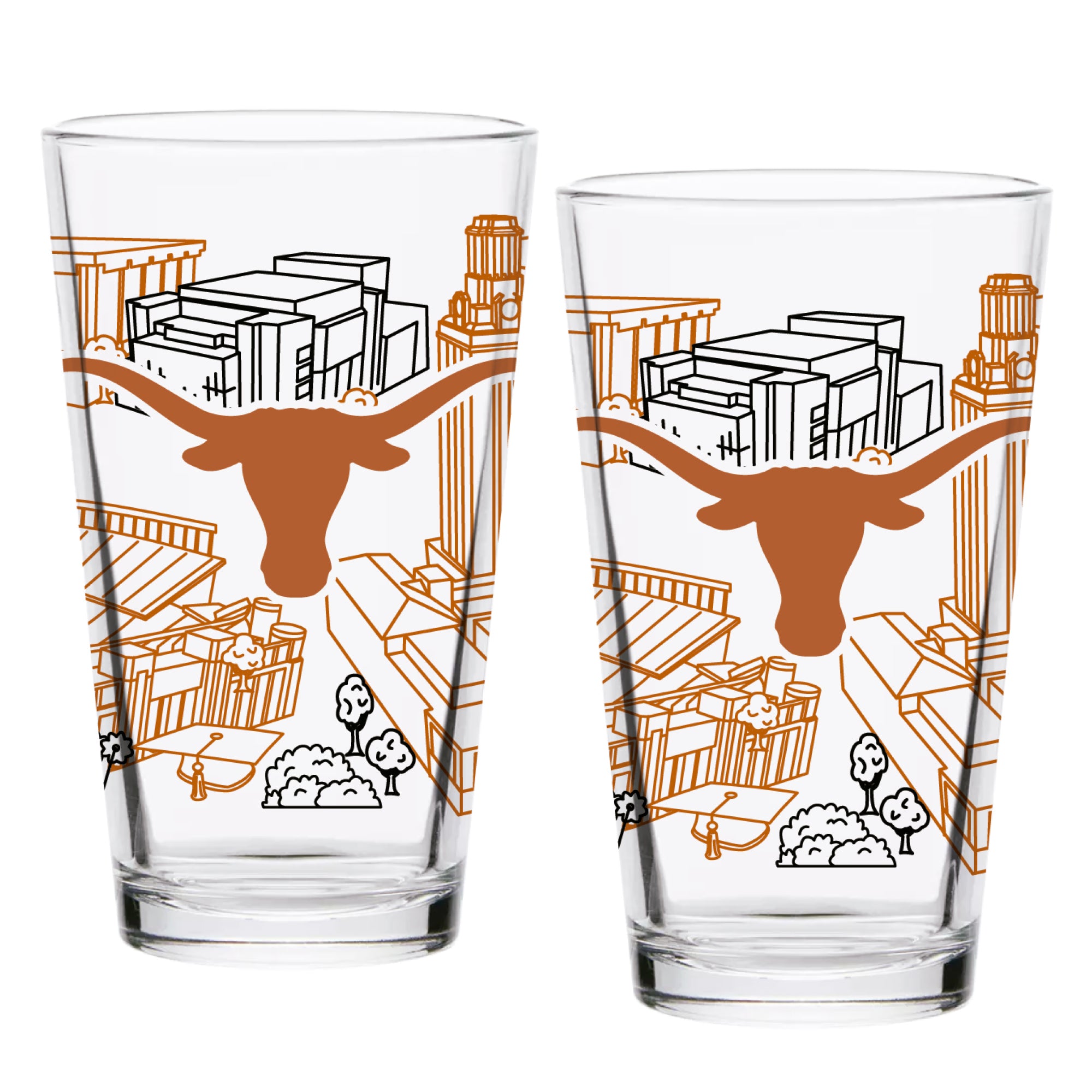 Set of 2 Texas Longhorns Campus Line Art 16oz Pints