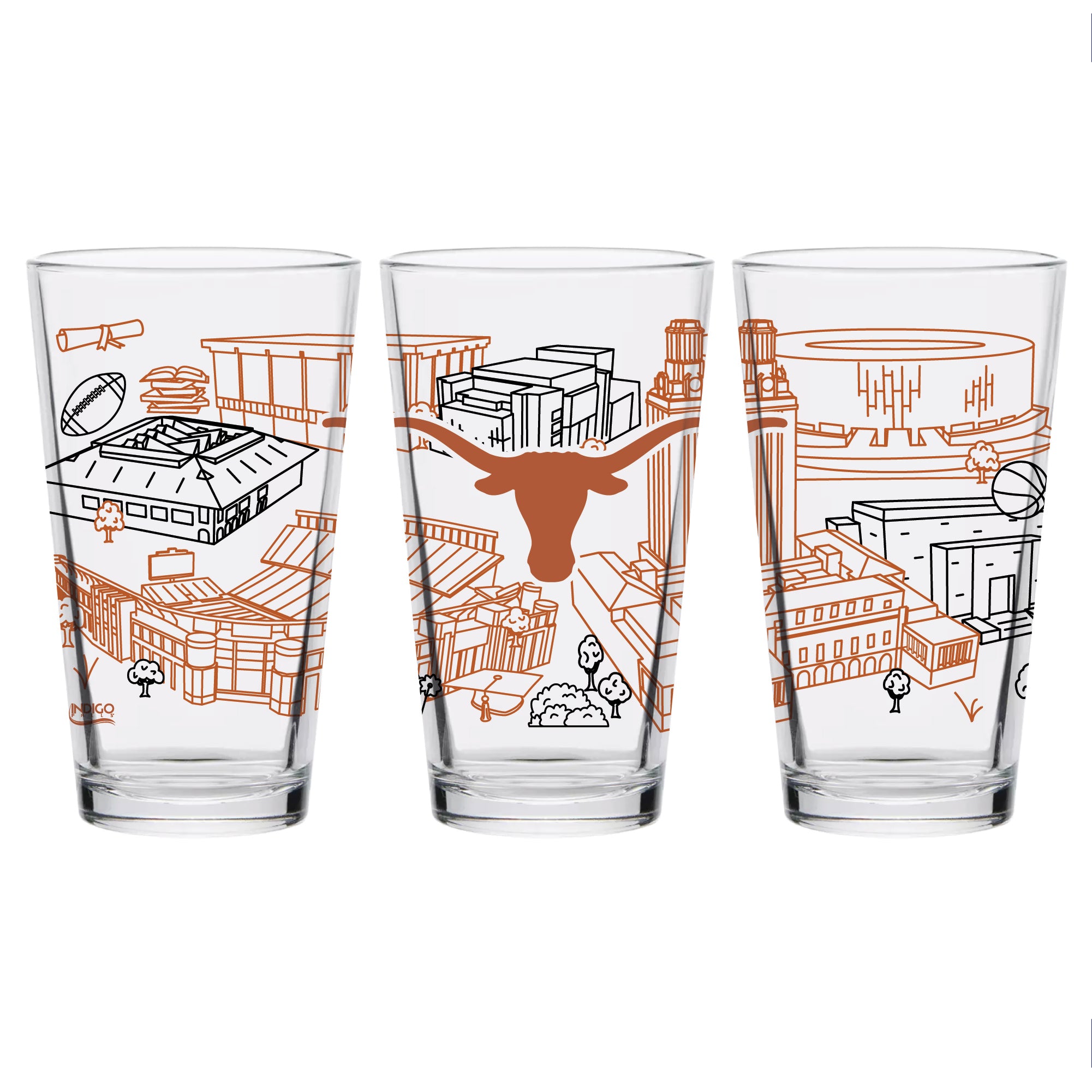 Set of 2 Texas Longhorns Campus Line Art 16oz Pints