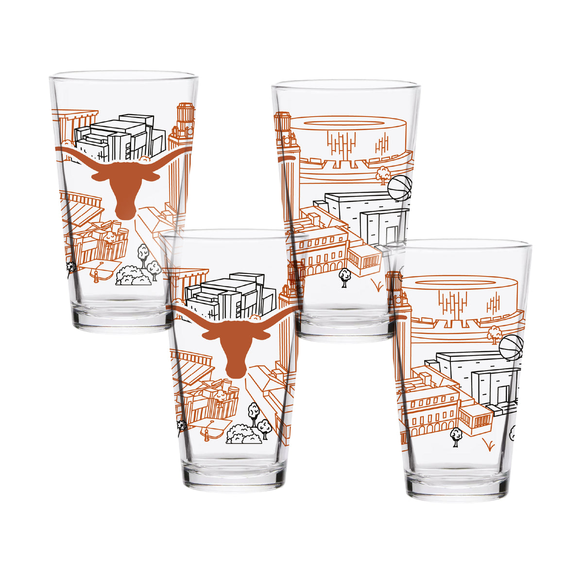 Set of 4 Texas Longhorns Campus Line Art 16oz Pints