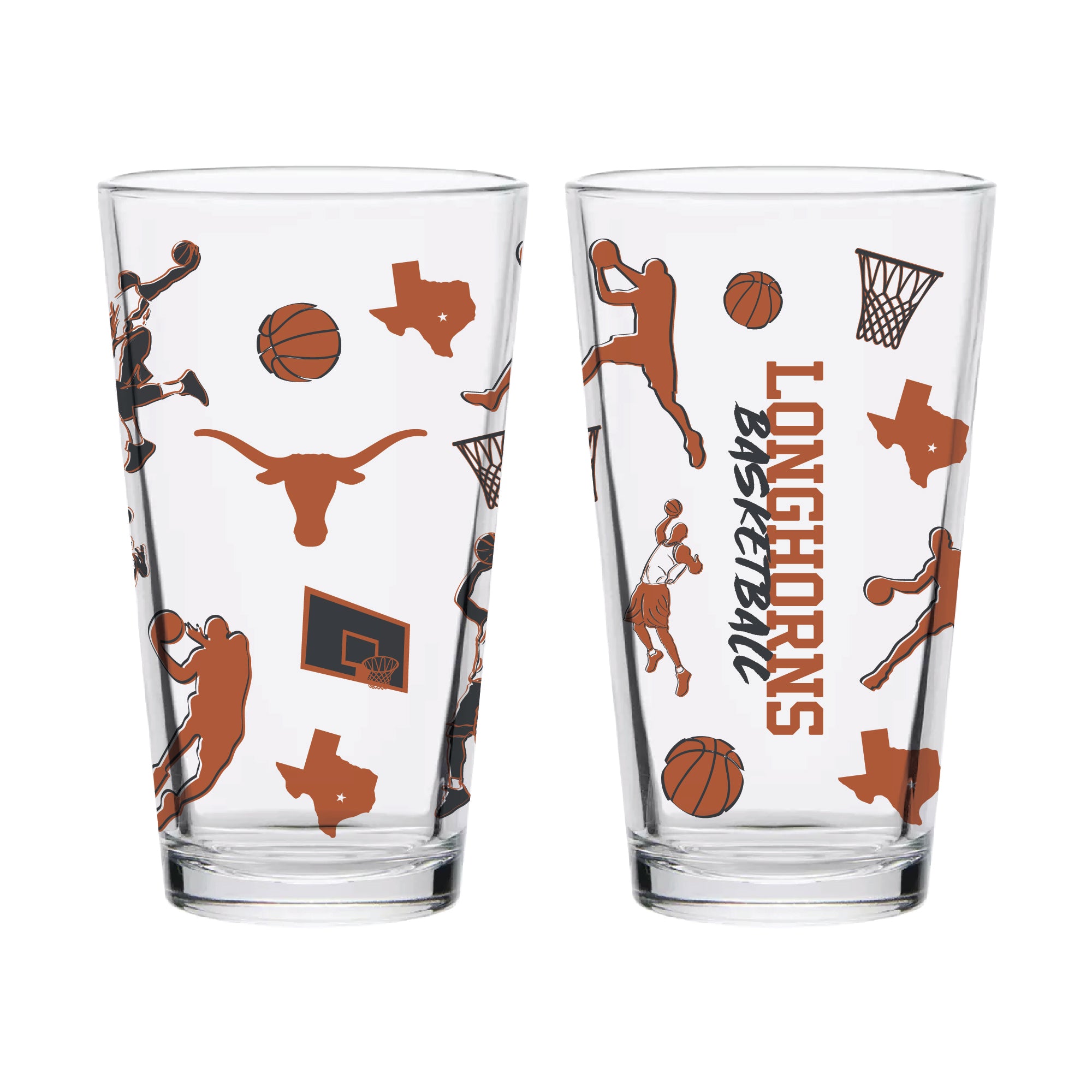 Set of 2 Texas Longhorns Basketball Sketch 16oz Pints
