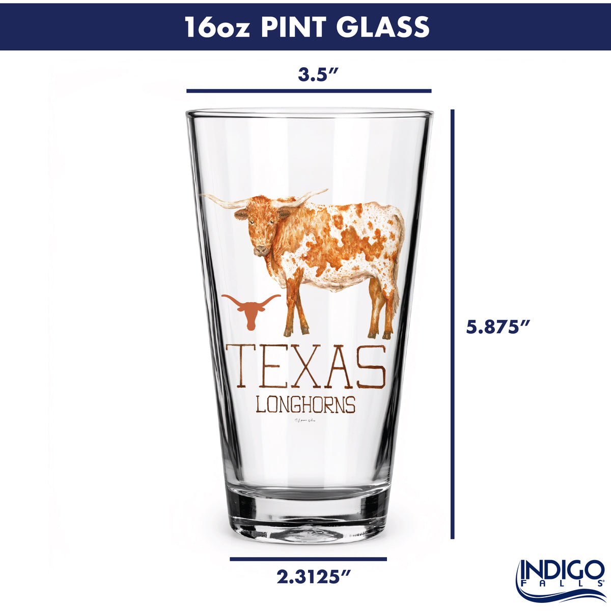Set of 4 Texas Longhorns Mascot by Laura Wilcox 16oz Pint Glasses