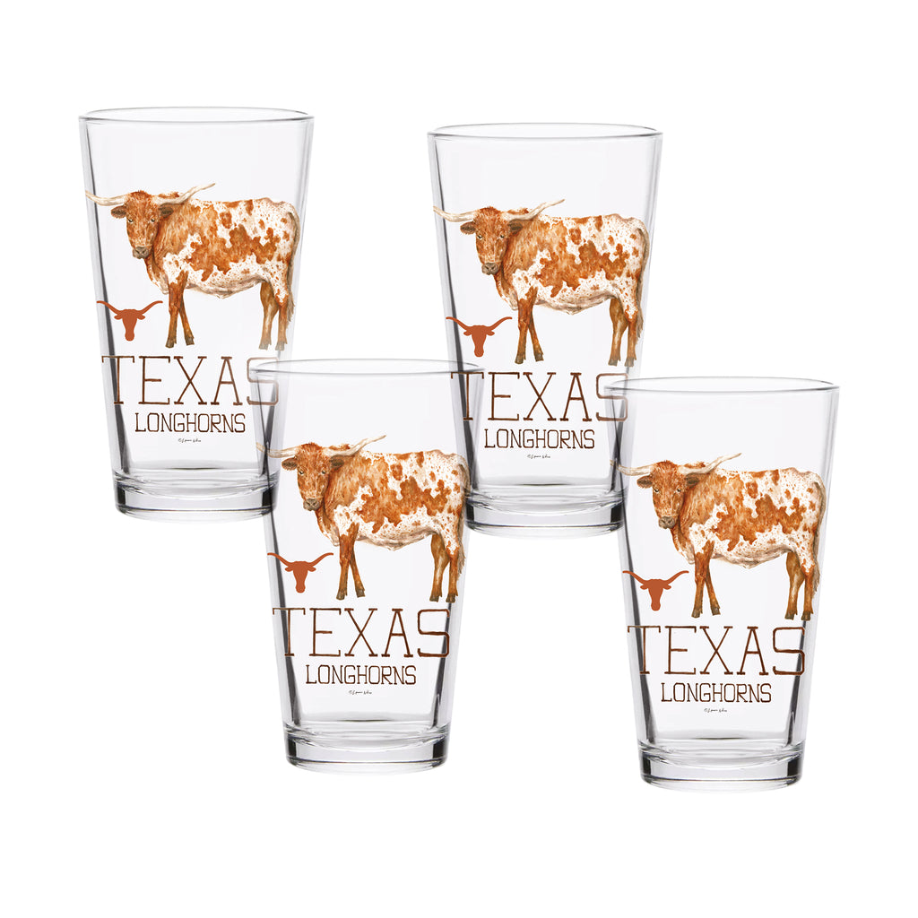 Set of 4 Texas Longhorns Mascot by Laura Wilcox 16oz Pint Glasses