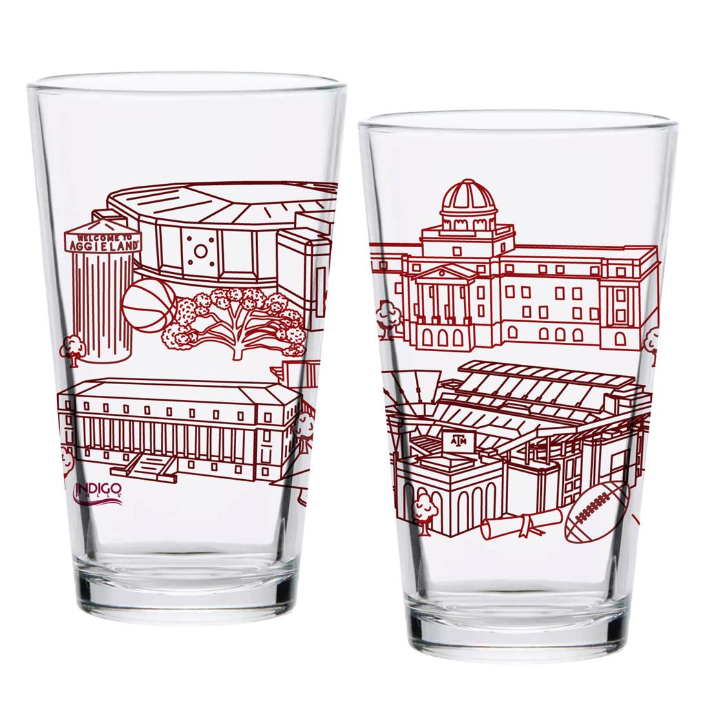 Set of 2 Texas A&M Aggies Campus Line Art 16oz Pints