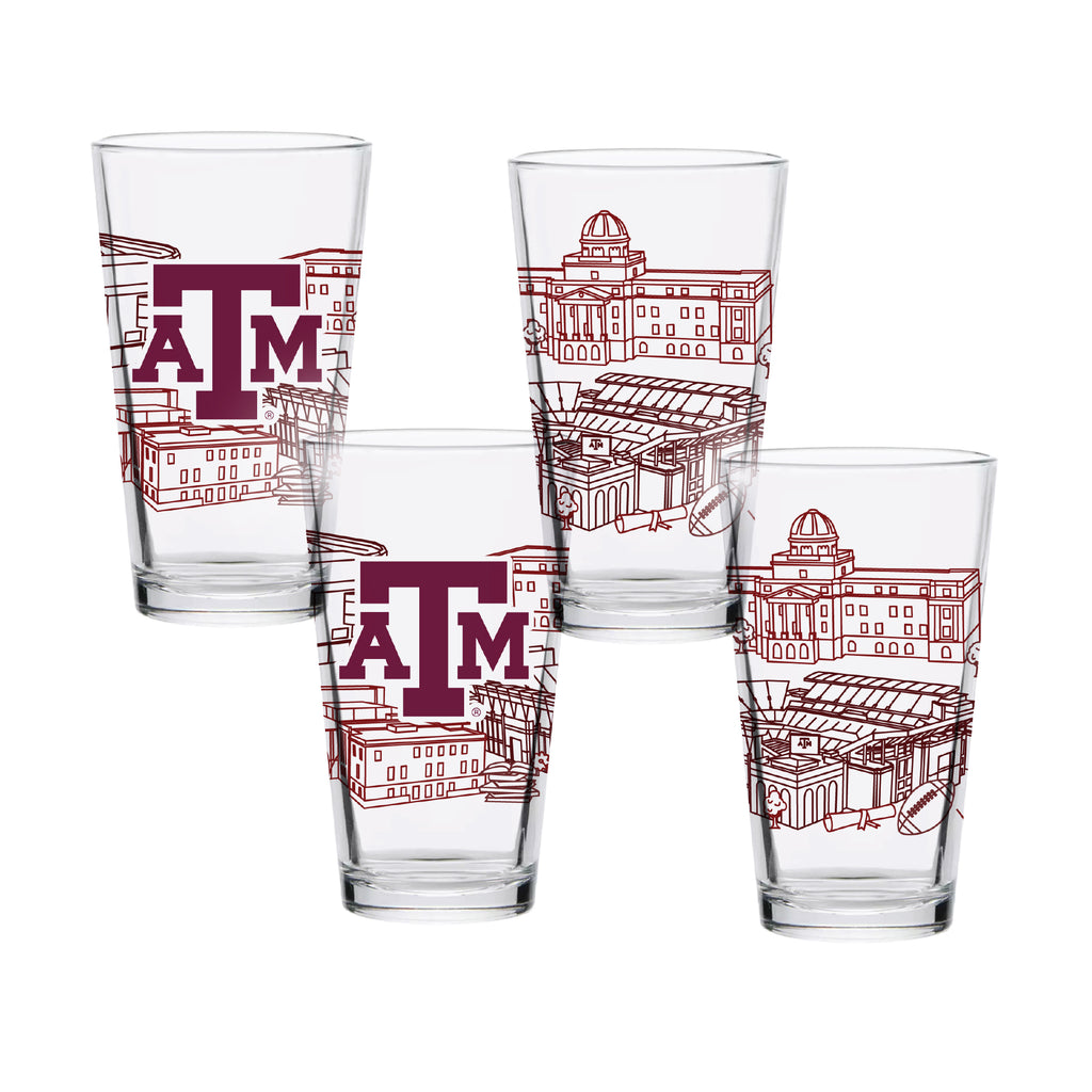 Set of 4 Texas A&M Aggies Campus Line Art 16oz Pints
