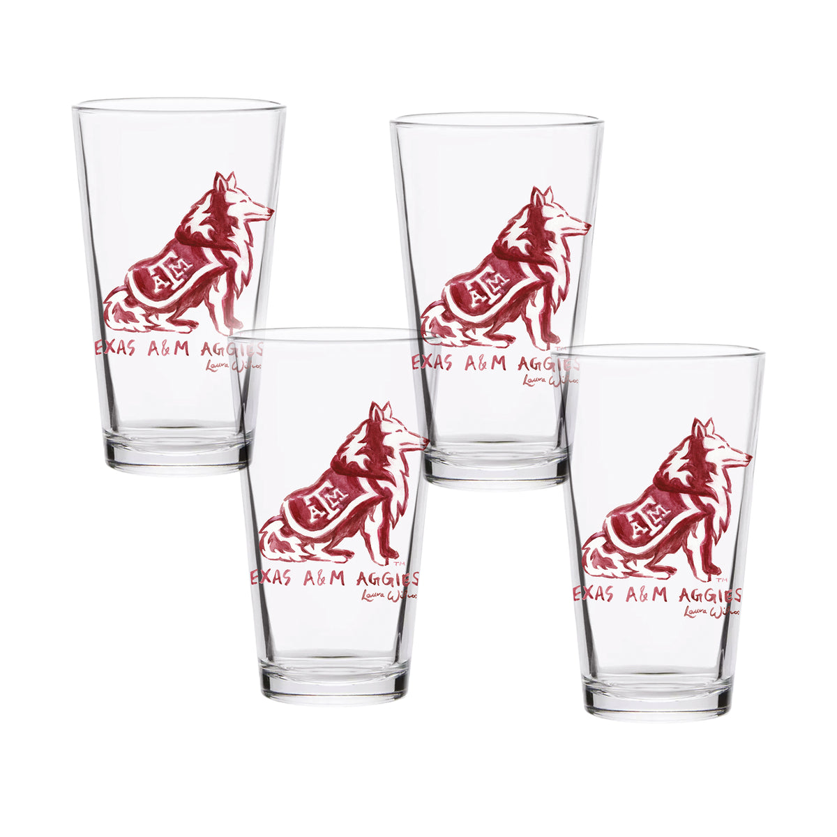 Set of 4 Texas A&M Aggies Mascot by Laura Wilcox 16oz Pint Glasses