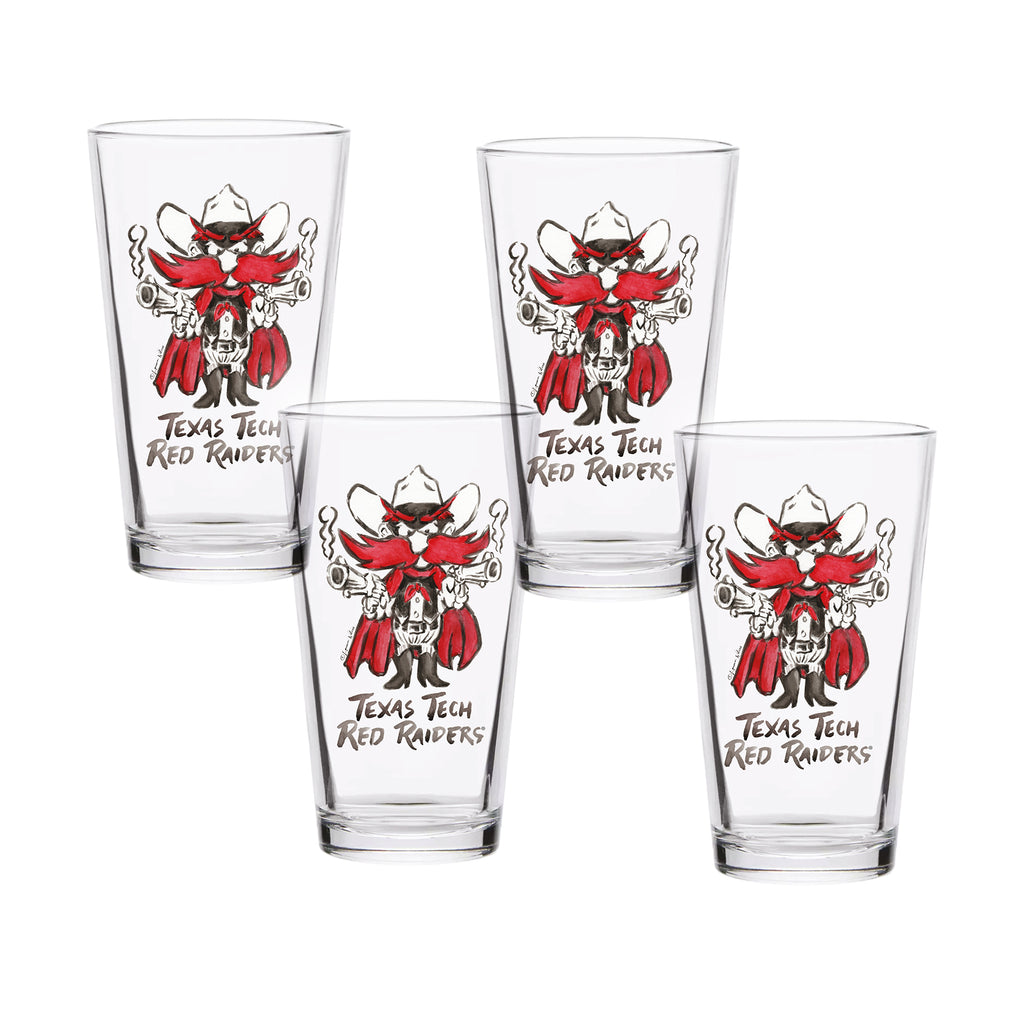 Set of 4 Texas Tech Red Raiders Mascot by Laura Wilcox 16oz Pint Glasses