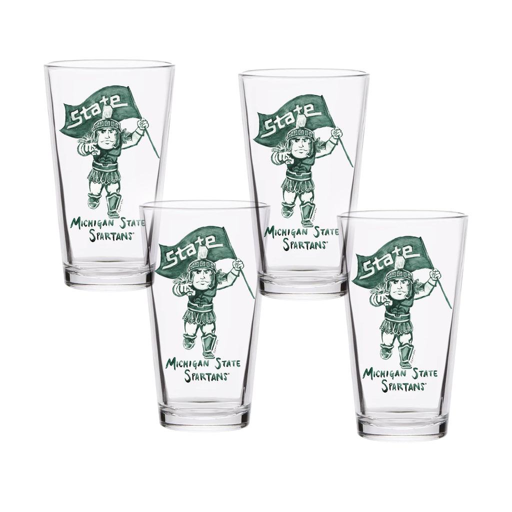 Set of 4 Michigan State Spartans Mascot by Laura Wilcox 16oz Pint Glasses