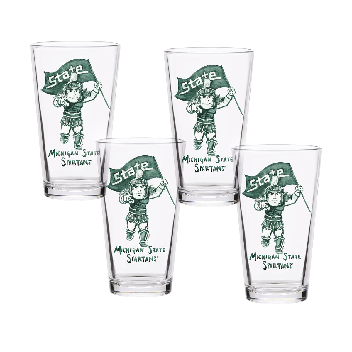 Set of 4 Michigan State Spartans Mascot by Laura Wilcox 16oz Pint Glasses