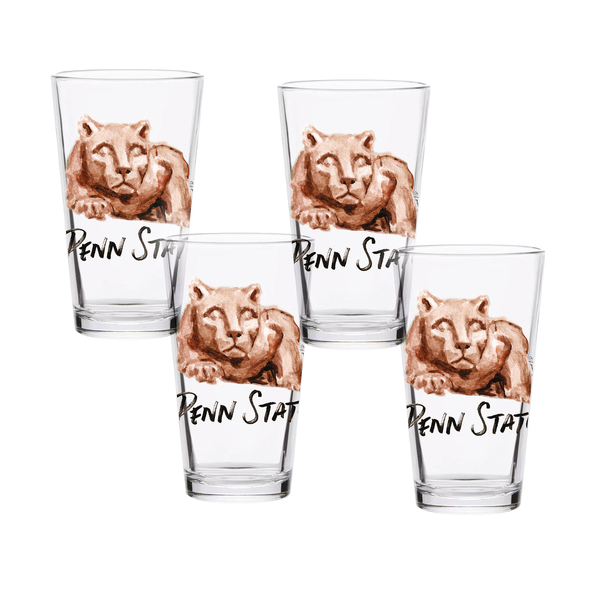 Set of 4 Penn State Nittany Lions Mascot by Laura Wilcox 16oz Pint Glasses