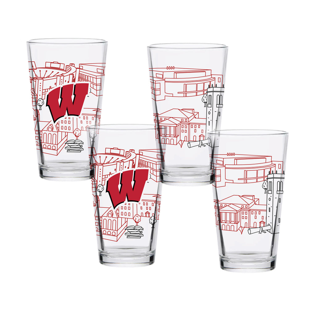Set of 4 Wisconsin Badgers Campus Line Art 16oz Pints