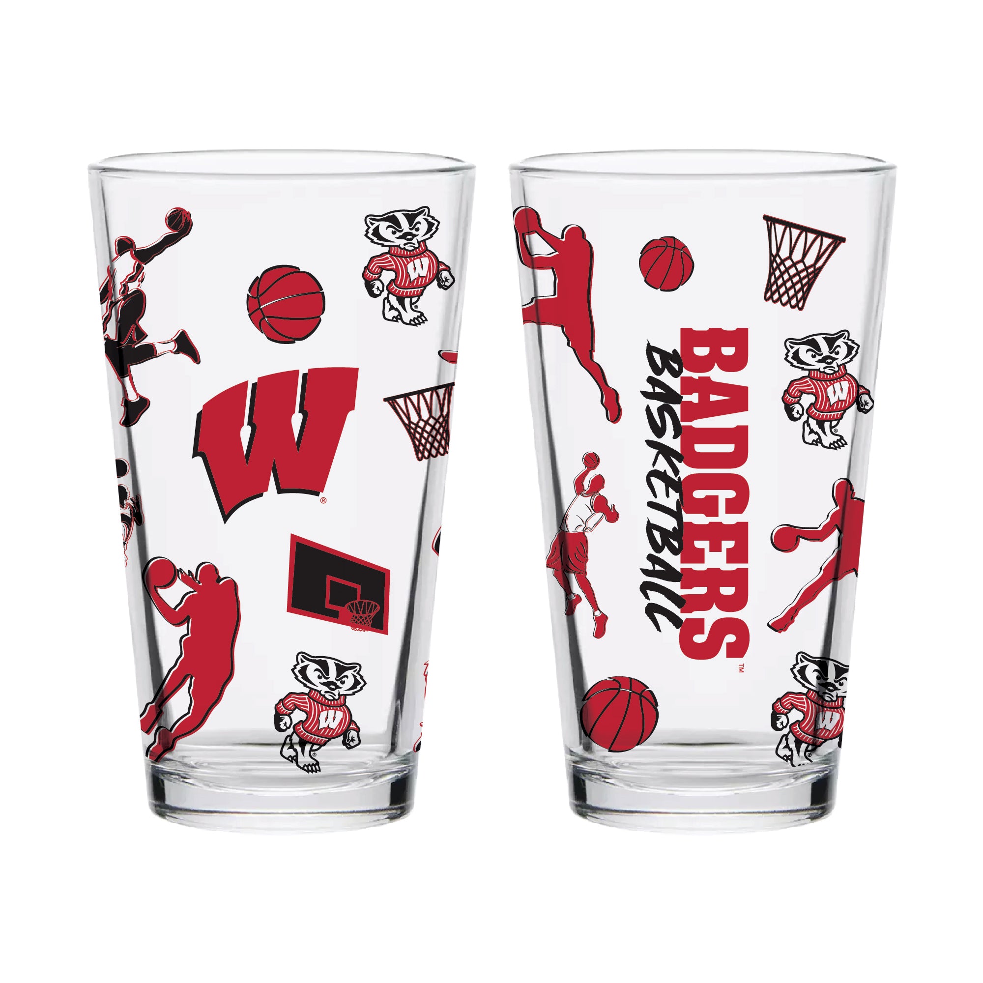 Set of 2 Wisconsin Badgers Basketball Sketch 16oz Pints