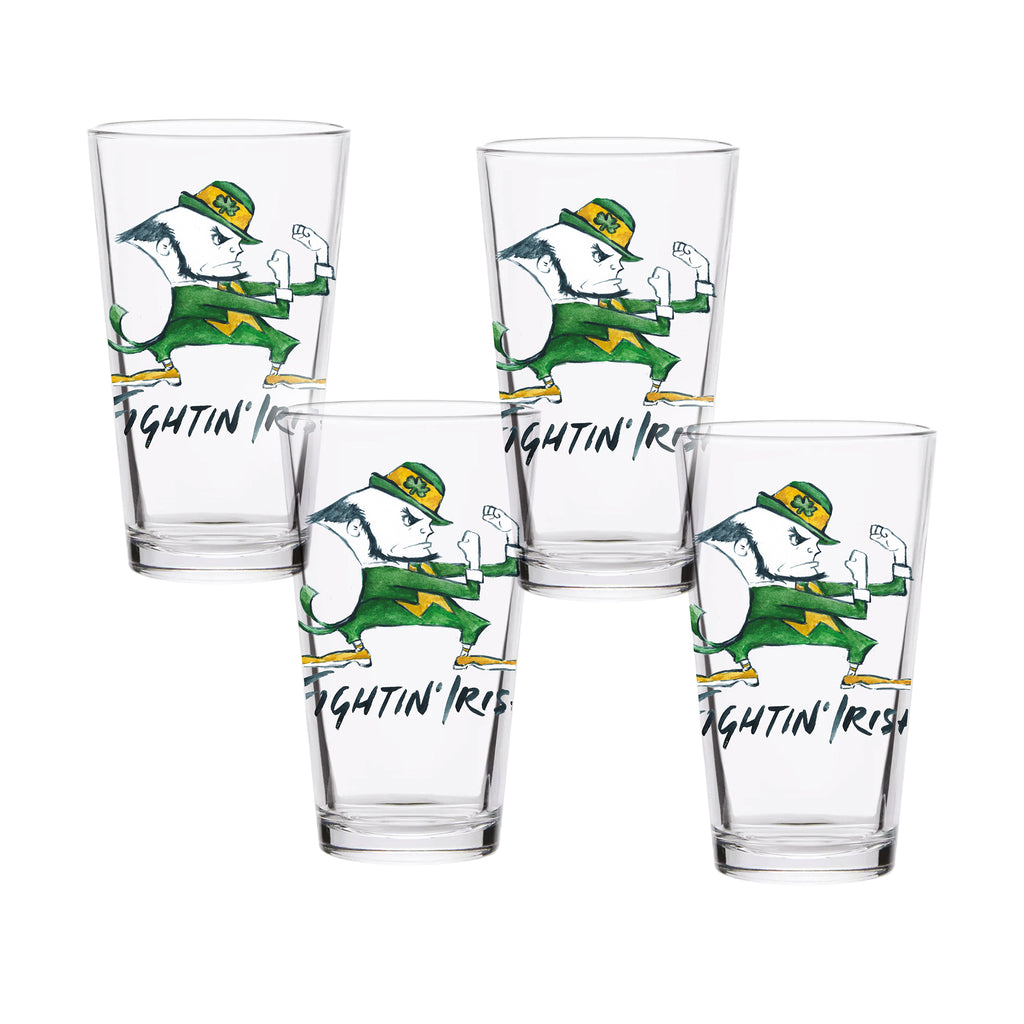 Set of 4 Notre Dame Fighting Irish Mascot by Laura Wilcox 16oz Pint Glasses