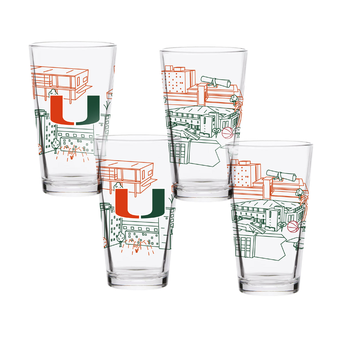 Set of 4 Miami Hurricanes Campus Line Art 16oz Pints