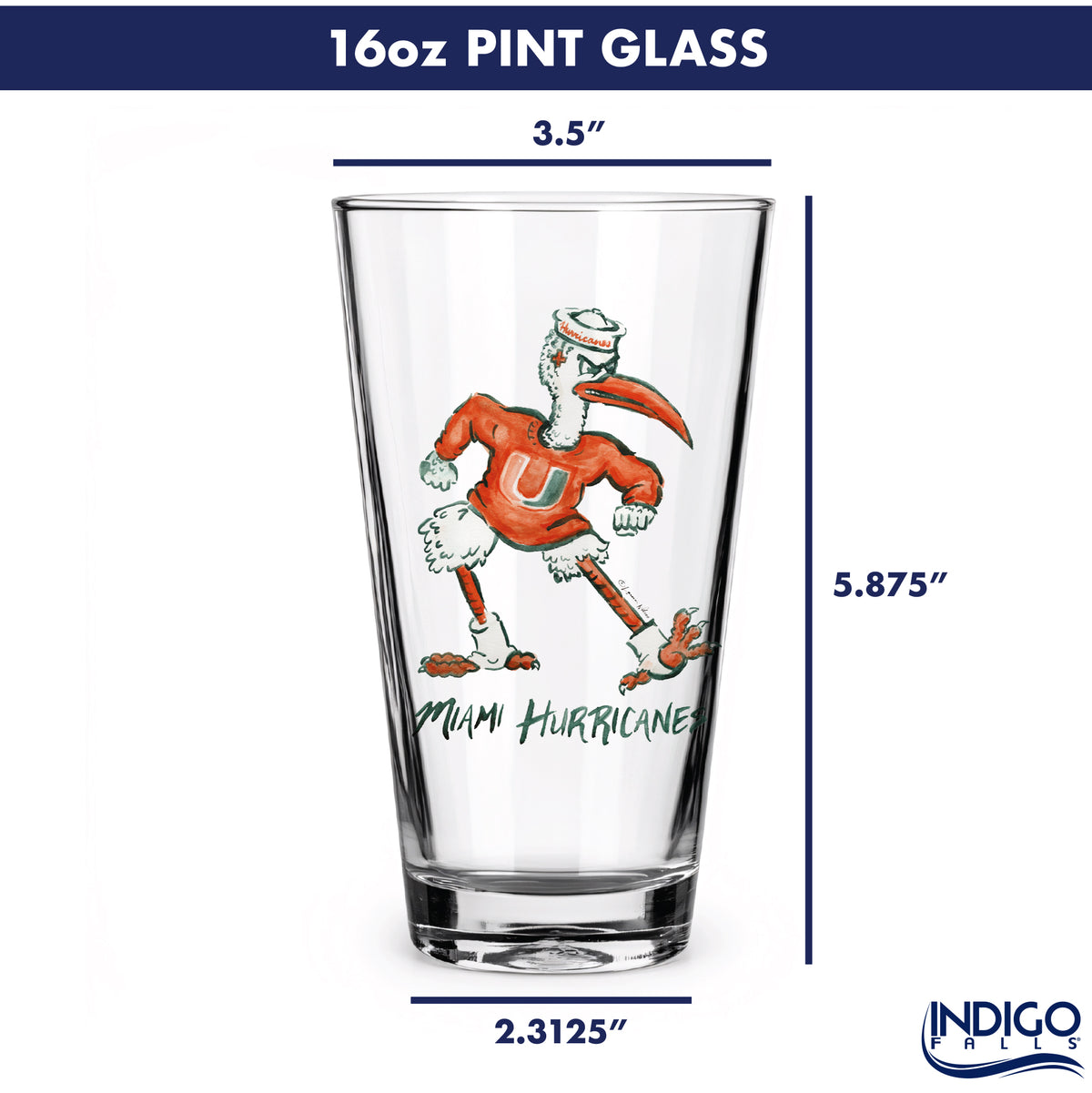 Set of 4 Miami Hurricanes Mascot by Laura Wilcox 16oz Pint Glasses