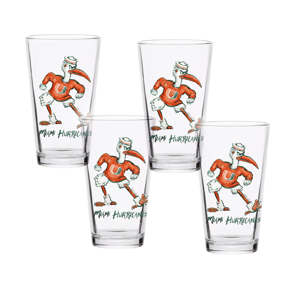 Set of 4 Miami Hurricanes Mascot by Laura Wilcox 16oz Pint Glasses