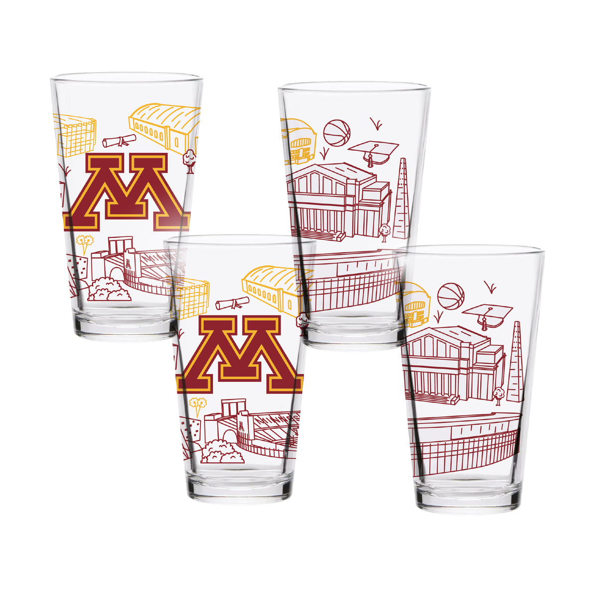 Set of 4 Minnesota Golden Gophers Campus Line Art 16oz Pints