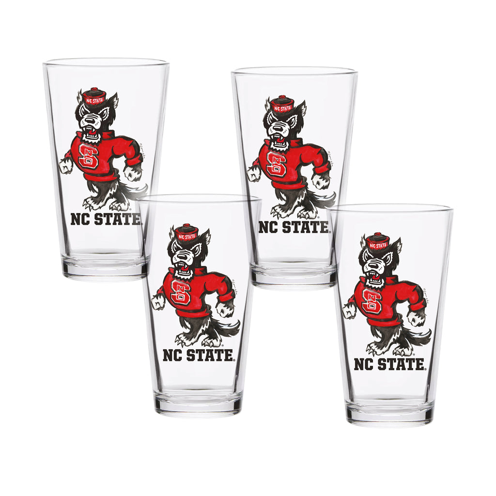 Set of 4 NC State Wolfpack Mascot by Laura Wilcox 16oz Pint Glasses