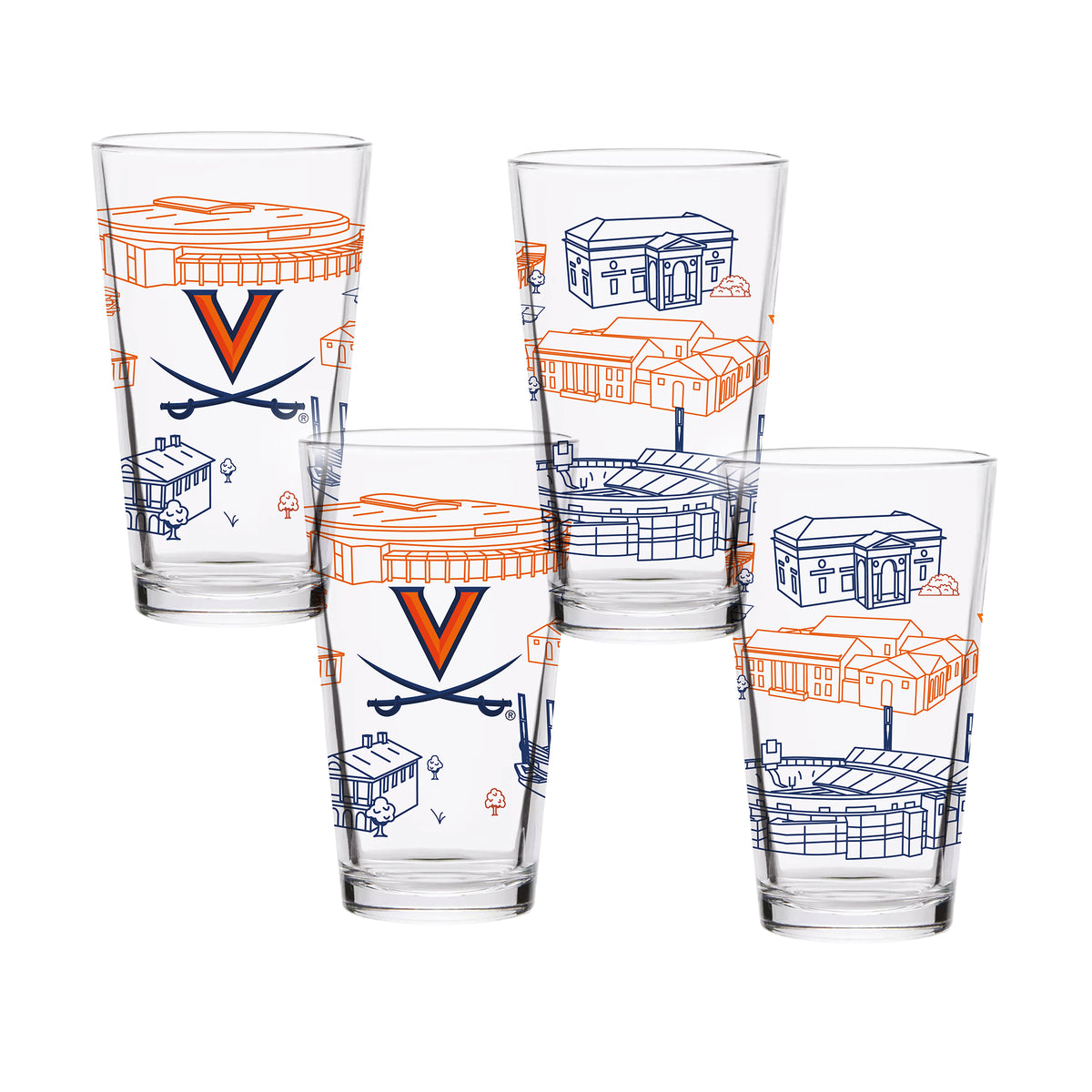 Set of 4 Virginia Cavaliers Campus Line Art 16oz Pints