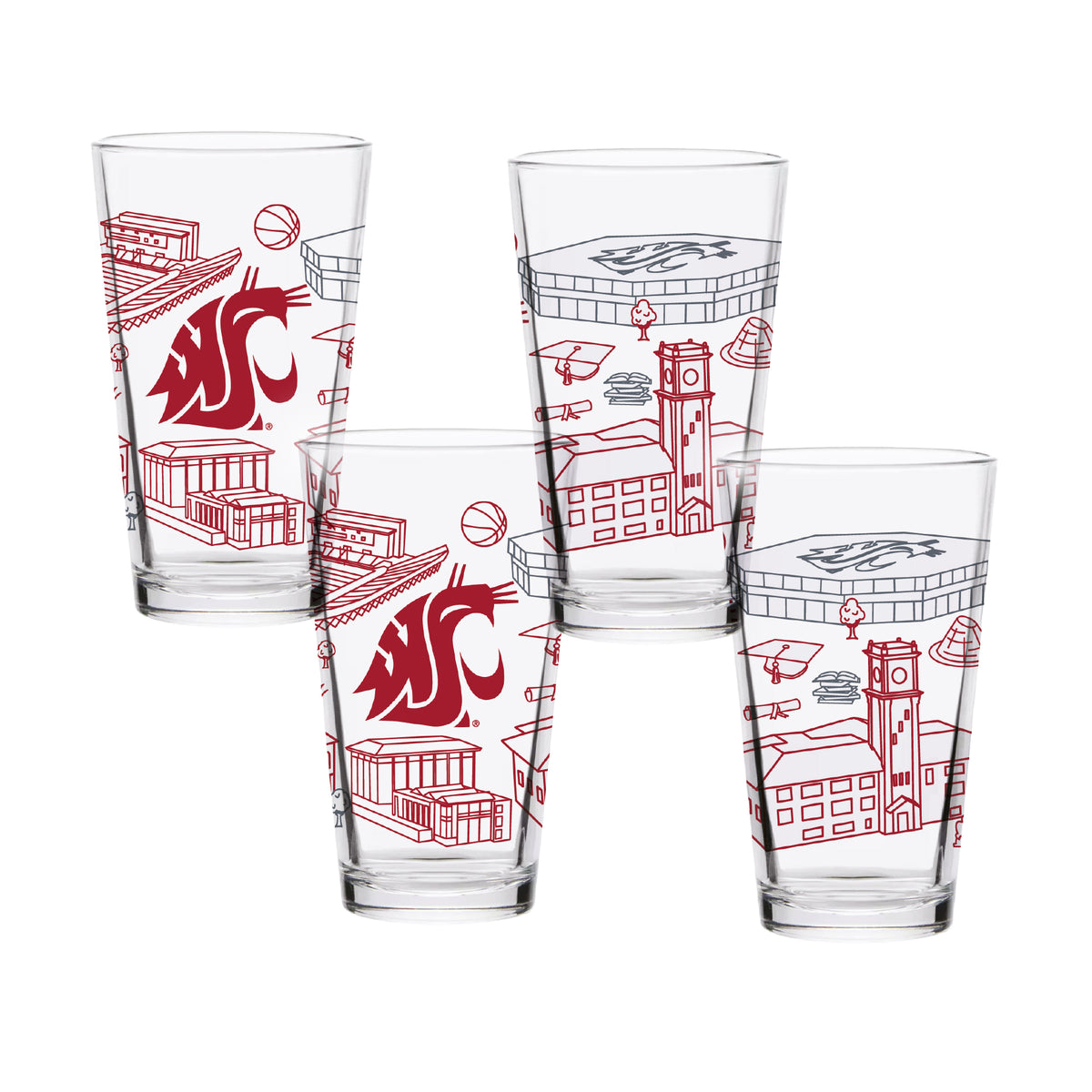 Set of 4 Washington State Cougars Campus Line Art 16oz Pints