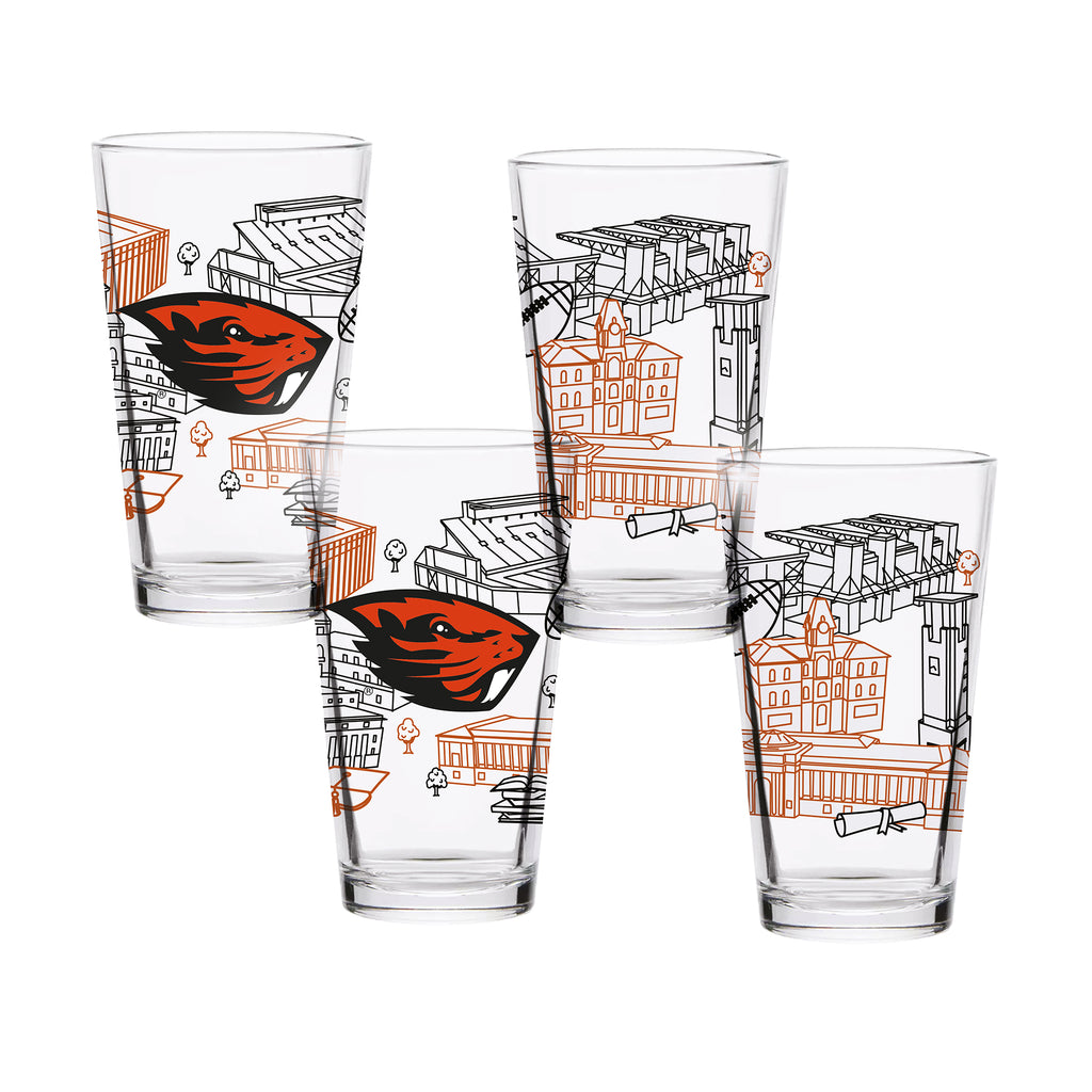 Set of 4 Oregon State Beavers Campus Line Art 16oz Pints