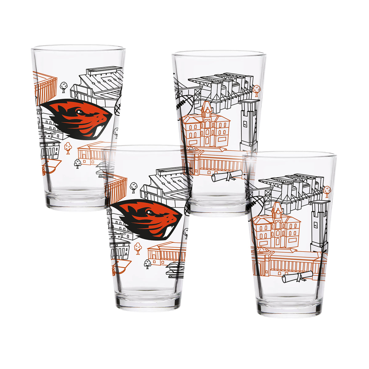 Set of 4 Oregon State Beavers Campus Line Art 16oz Pints