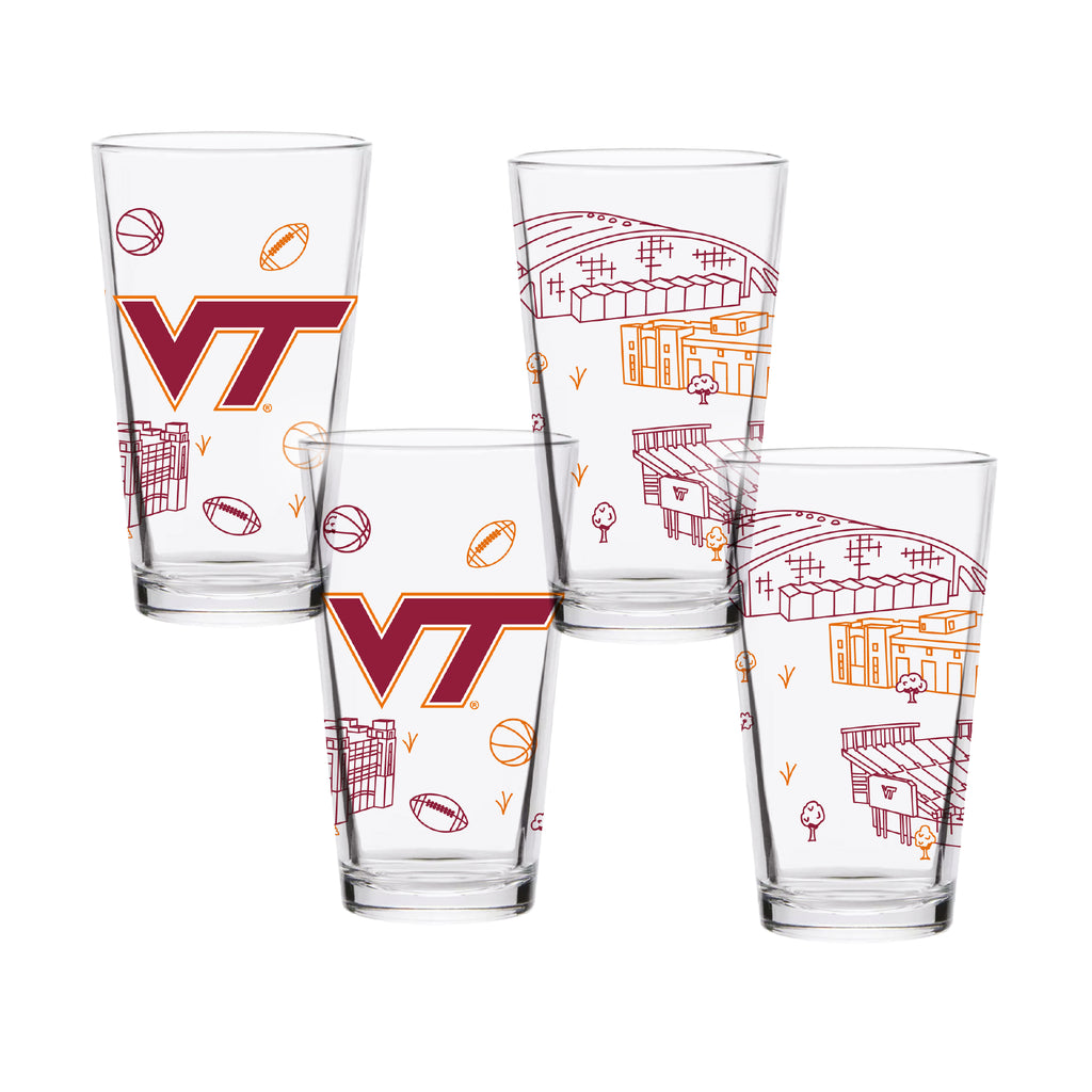 Set of 4 Virginia Tech Hokies Campus Line Art 16oz Pints
