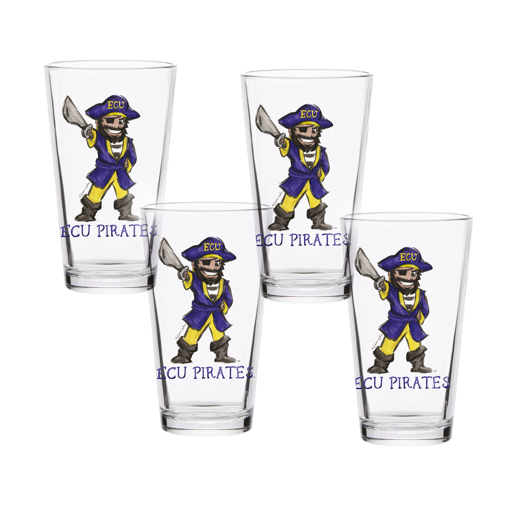 Set of 4 East Carolina Pirates Mascot by Laura Wilcox 16oz Pint Glasses