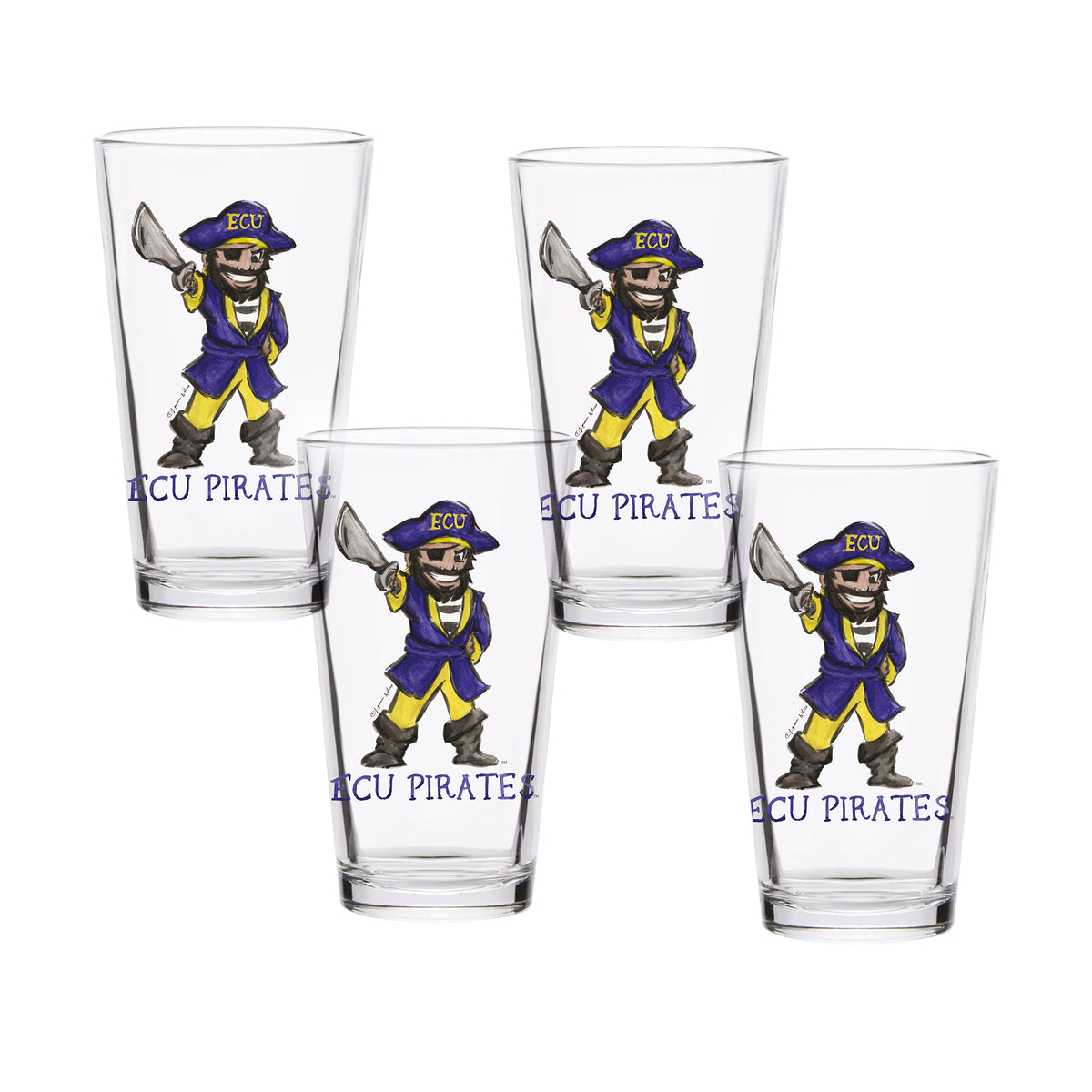 Set of 4 East Carolina Pirates Mascot by Laura Wilcox 16oz Pint Glasses