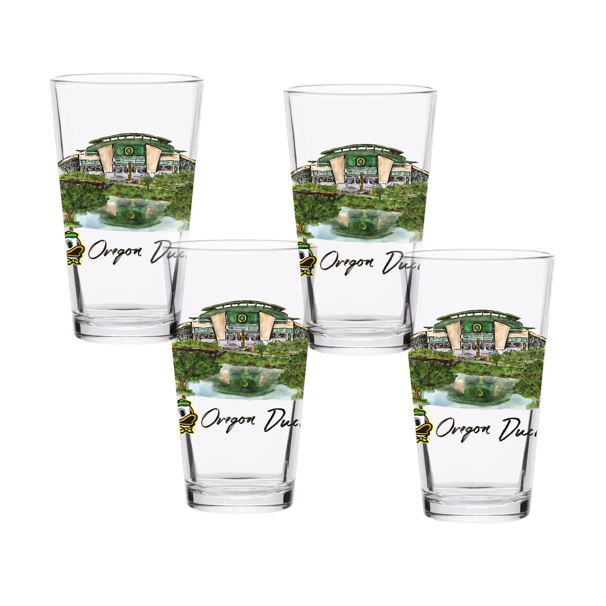 Set of 4 Oregon Ducks Mascot by Laura Wilcox 16oz Pint Glasses