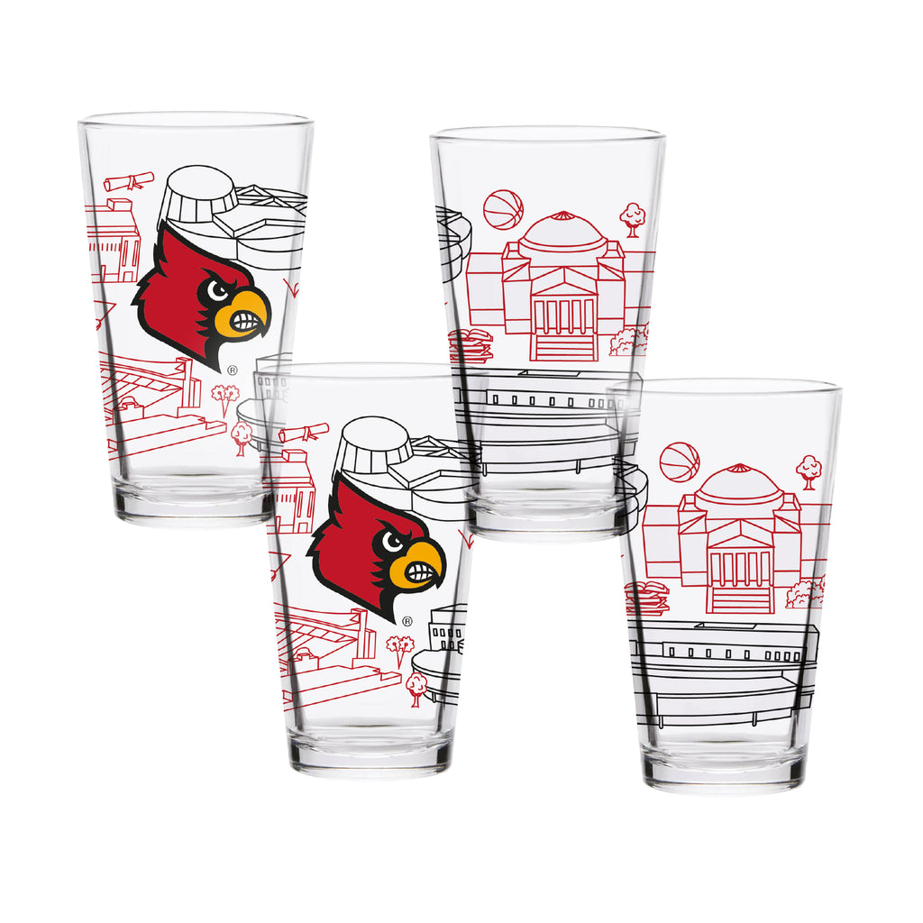 Set of 4 Louisville Cardinals Campus Line Art 16oz Pints