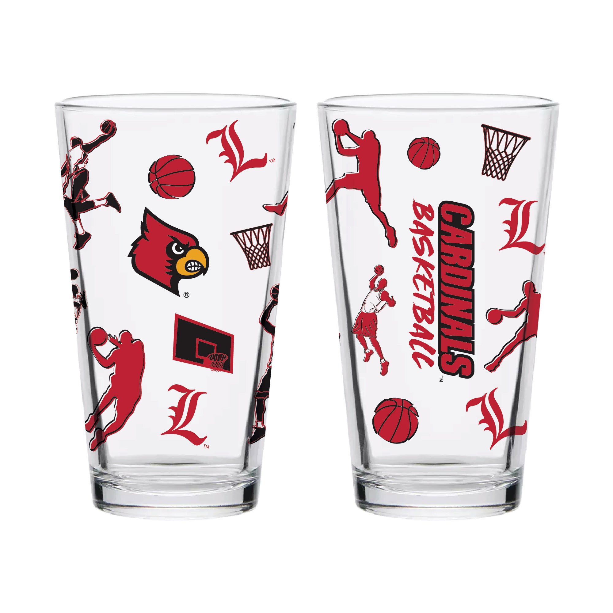 Set of 2 Louisville Cardinals Basketball Sketch 16oz Pints