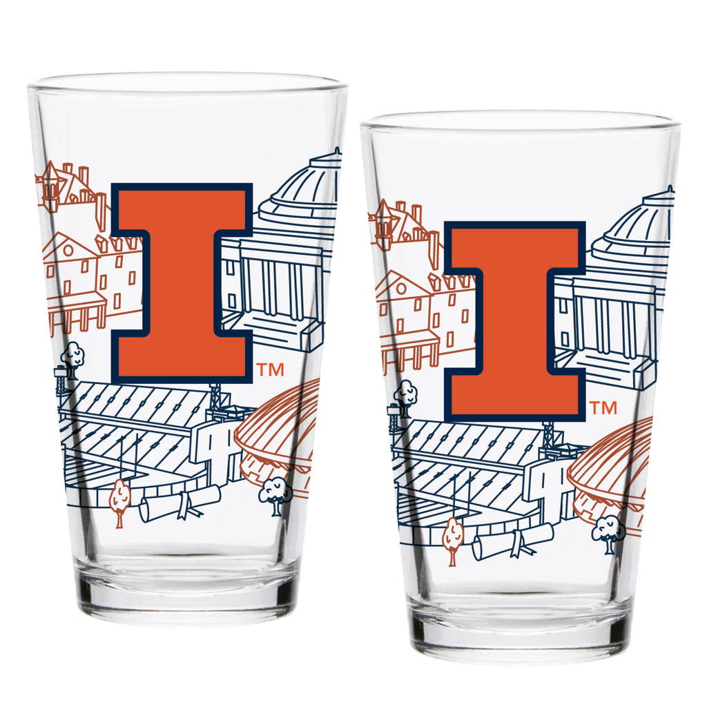 Set of 2 Illinois Fighting Illini Campus Line Art 16oz Pints