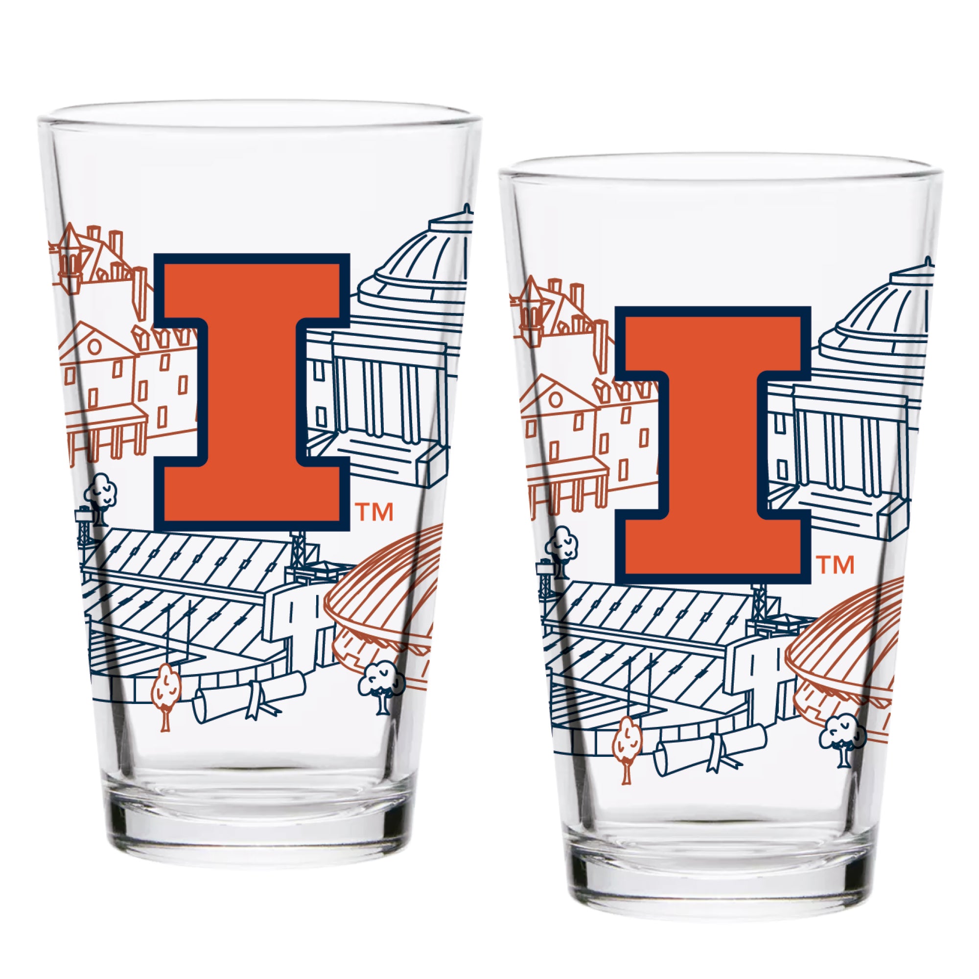 Set of 2 Illinois Fighting Illini Campus Line Art 16oz Pints