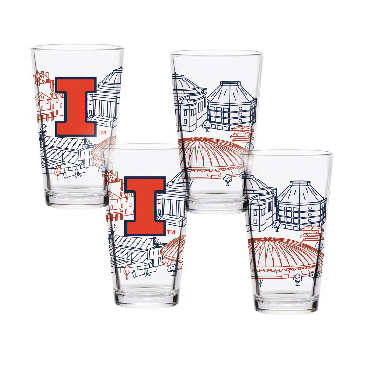 Set of 4 Illinois Fighting Illini Campus Line Art 16oz Pints