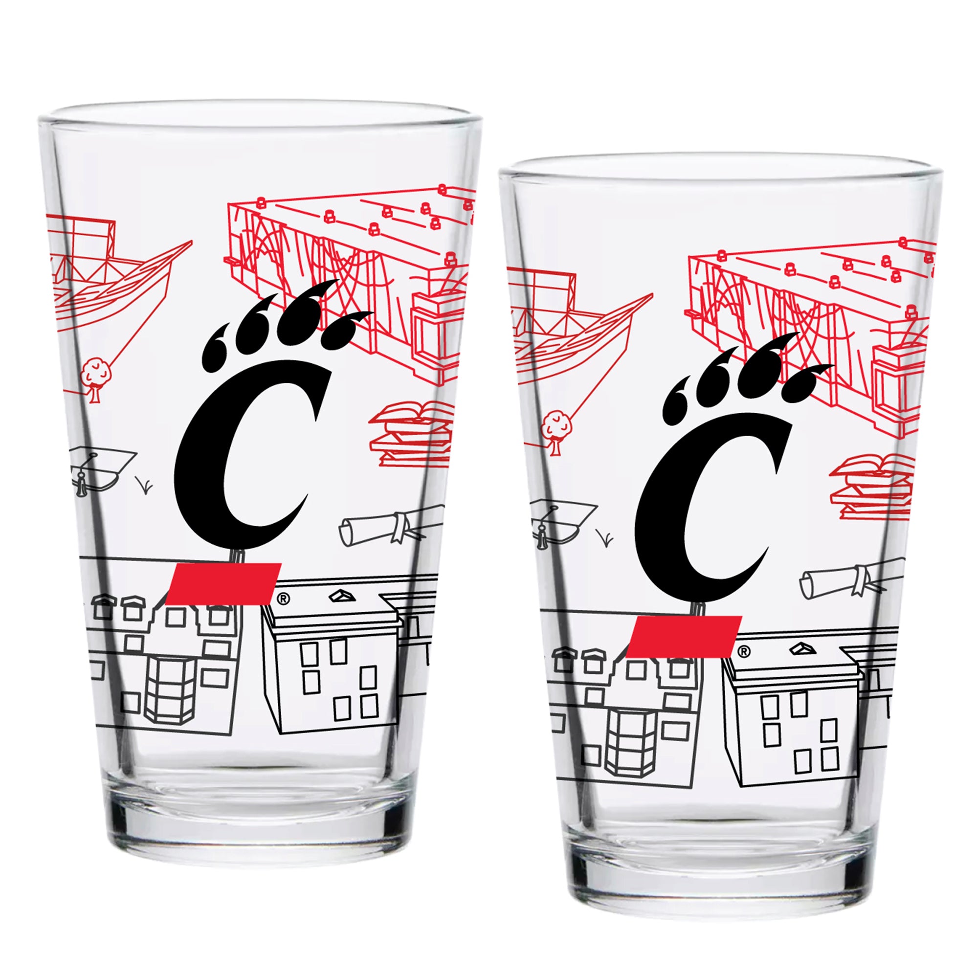 Set of 2 Cincinnati Bearcats Campus Line Art 16oz Pints