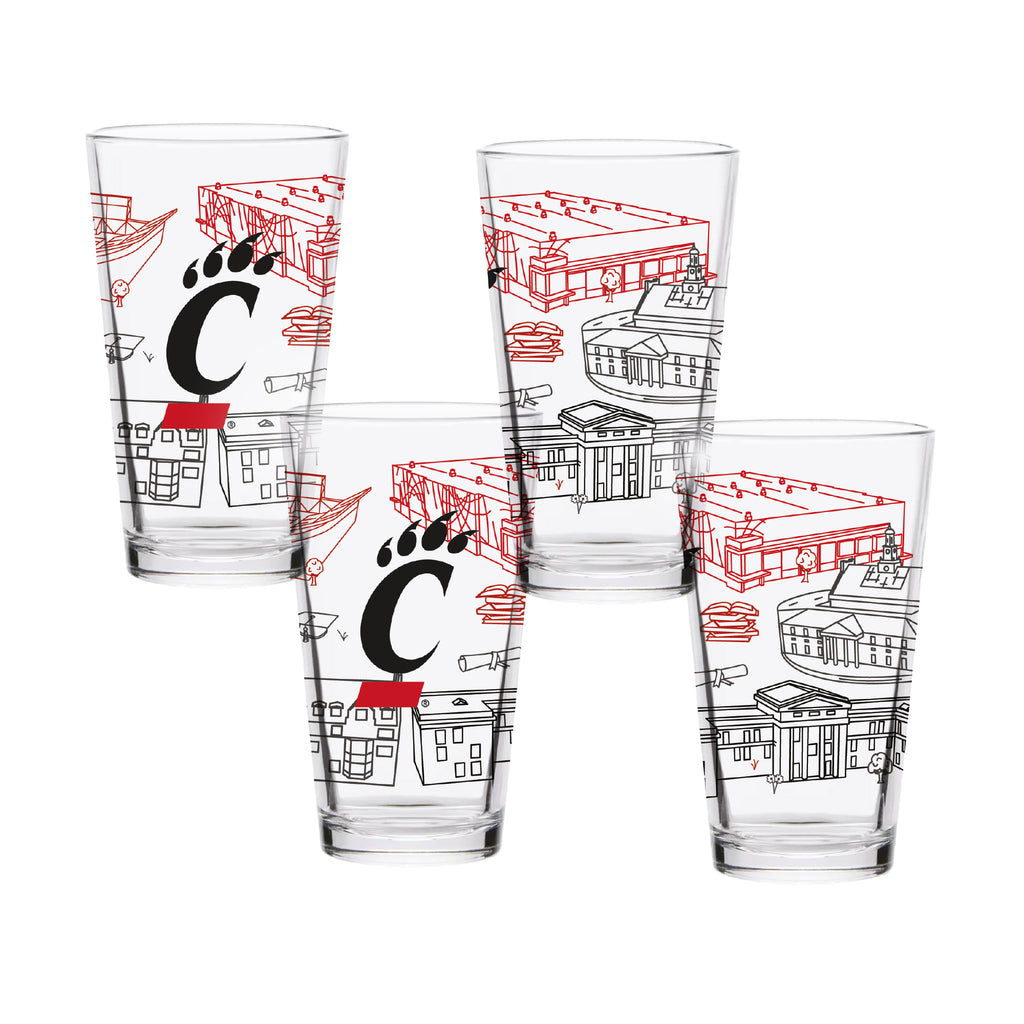 Set of 4 Cincinnati Bearcats Campus Line Art 16oz Pints