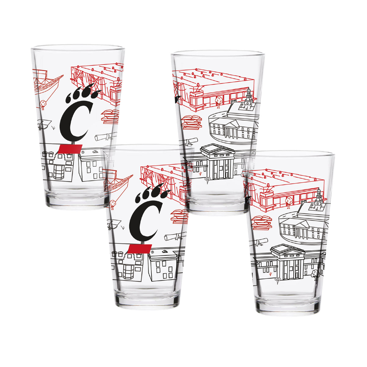 Set of 4 Cincinnati Bearcats Campus Line Art 16oz Pints