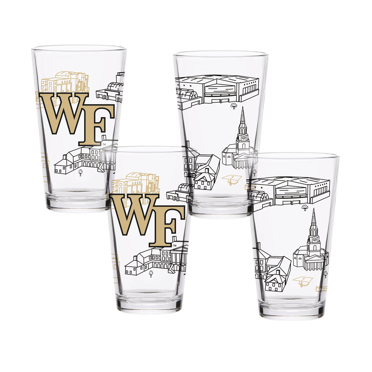 Set of 4 Wake Forest Demon Deacons Campus Line Art 16oz Pints