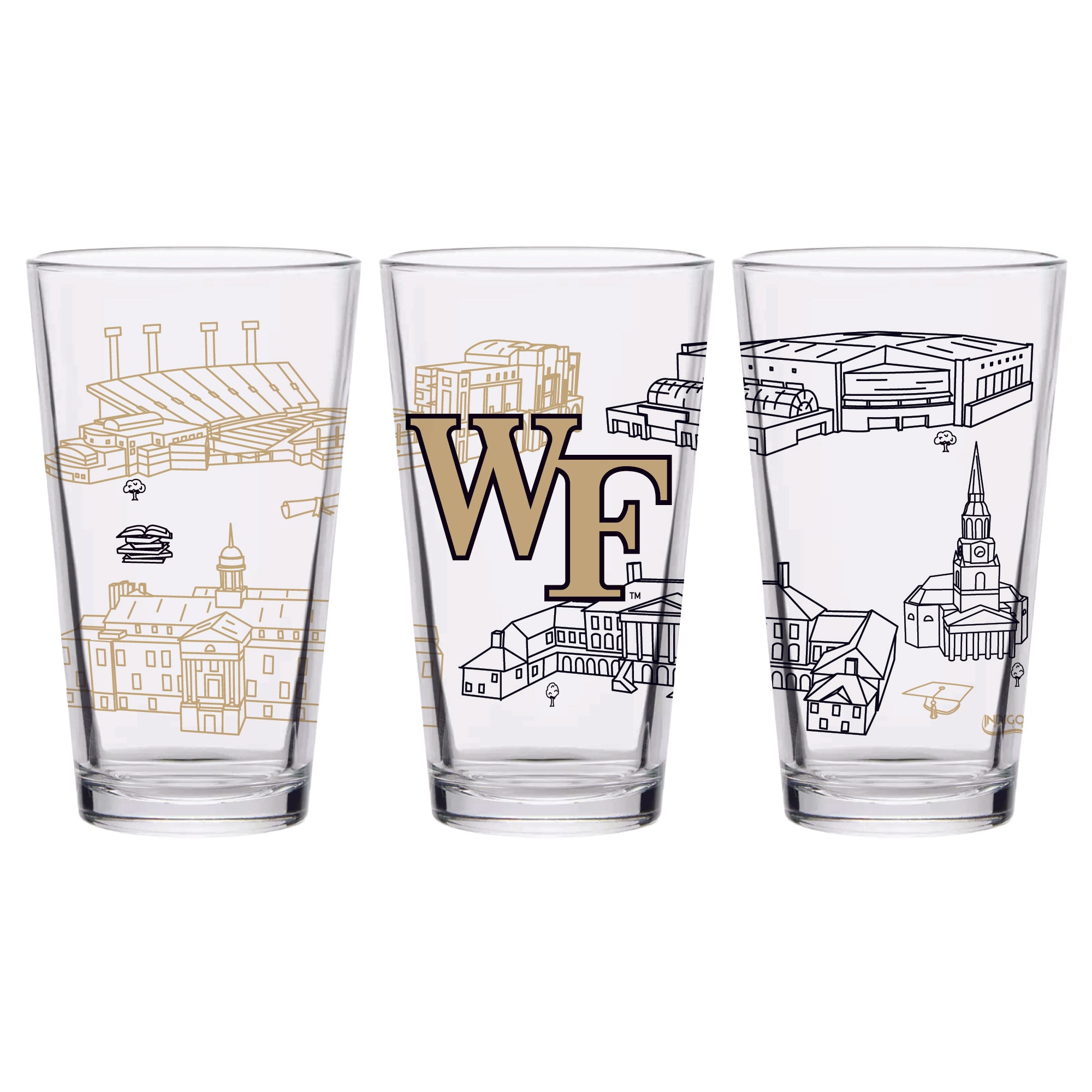 Set of 2 Wake Forest Demon Deacons Campus Line Art 16oz Pints
