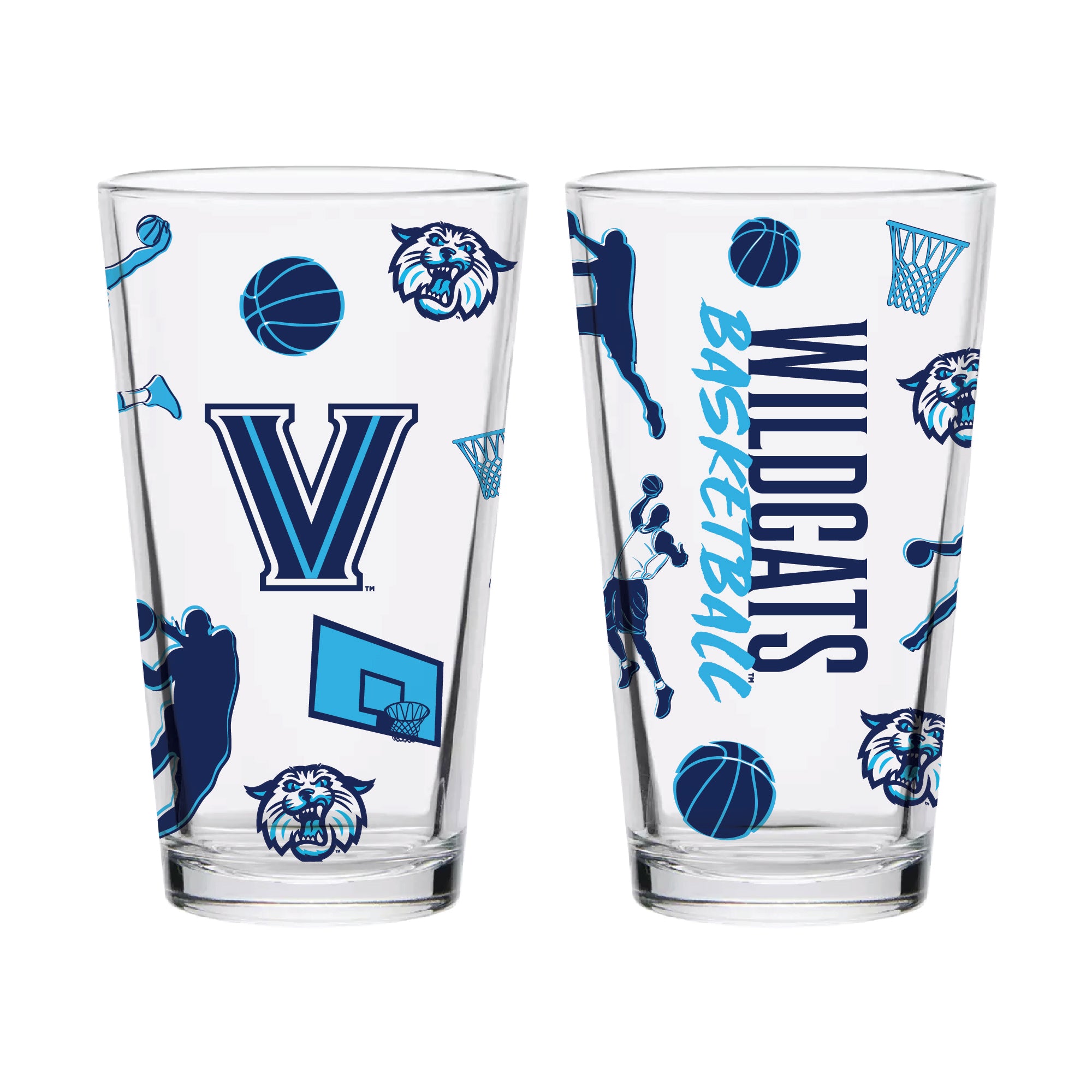 Set of 2 Villanova Wildcats Basketball Sketch 16oz Pints