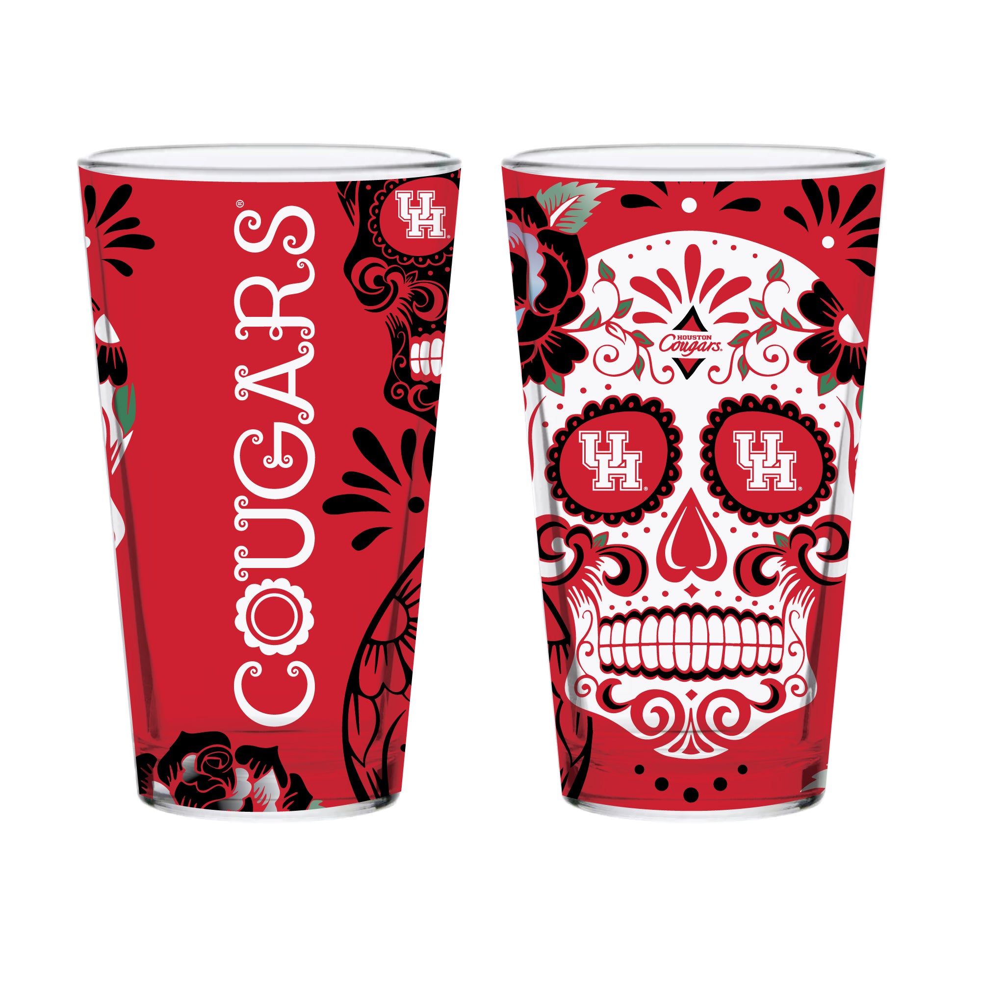 Set of 2 Houston Cougars Dia de los Muertos Pint Glasses