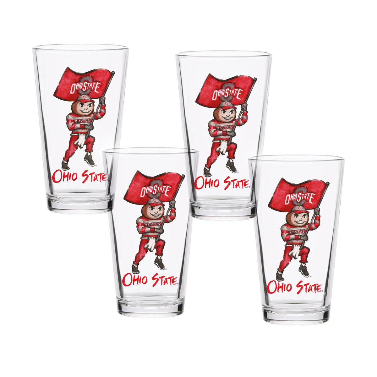 Set of 4 Ohio State Buckeyes Mascot by Laura Wilcox 16oz Pint Glasses