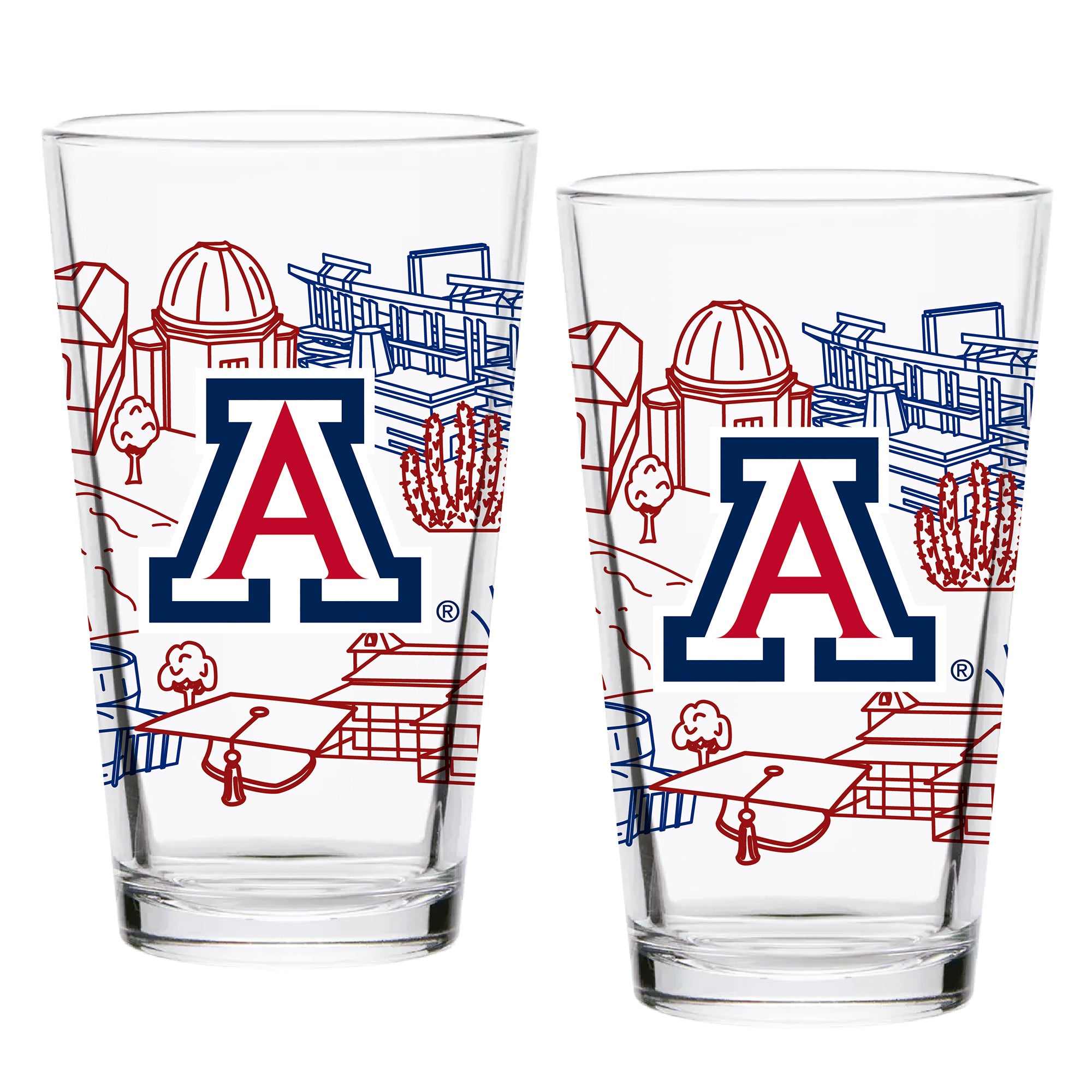 Set of 2 Arizona Wildcats Campus Line Art 16oz Pints