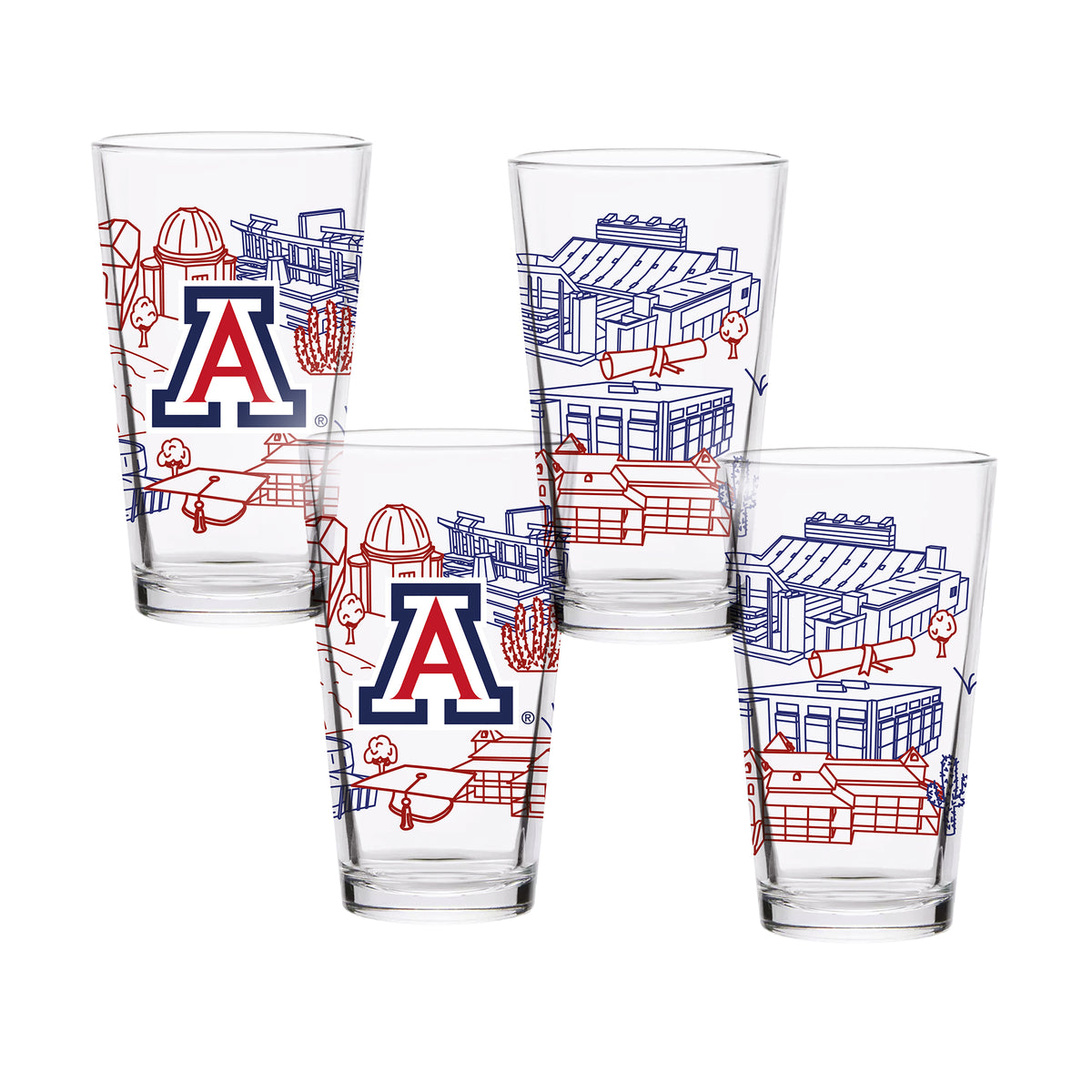 Set of 4 Arizona Wildcats Campus Line Art 16oz Pints