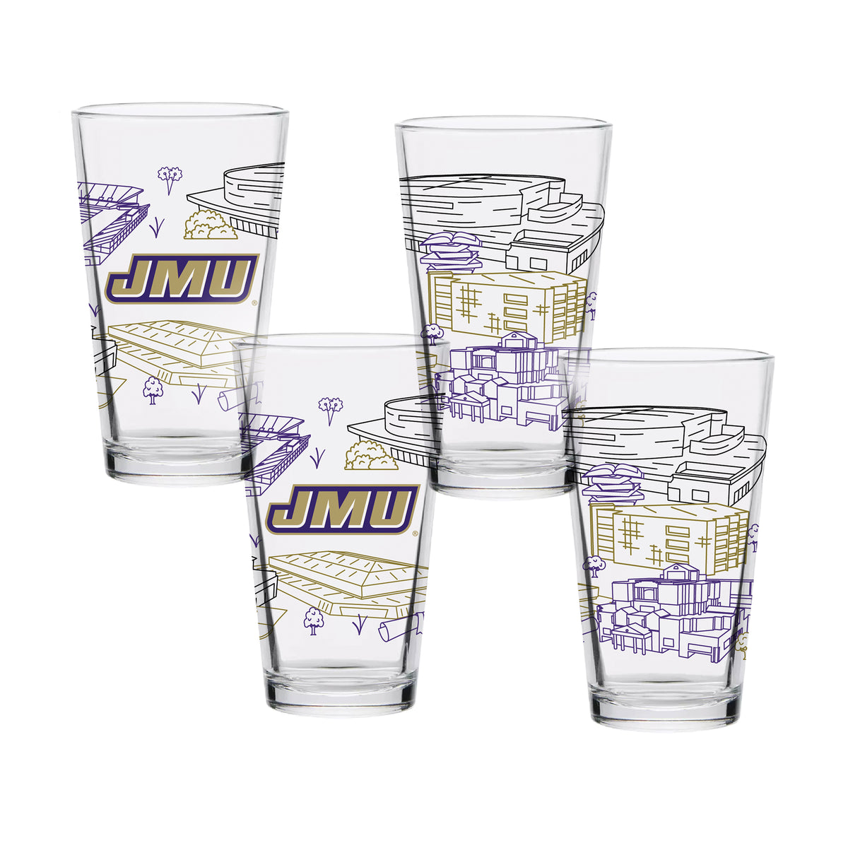 Set of 4 James Madison Dukes Campus Line Art 16oz Pints