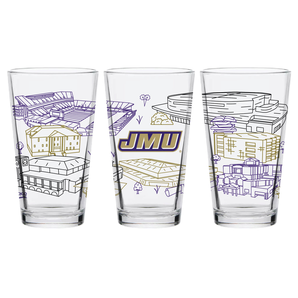 Set of 2 James Madison Dukes Campus Line Art 16oz Pints