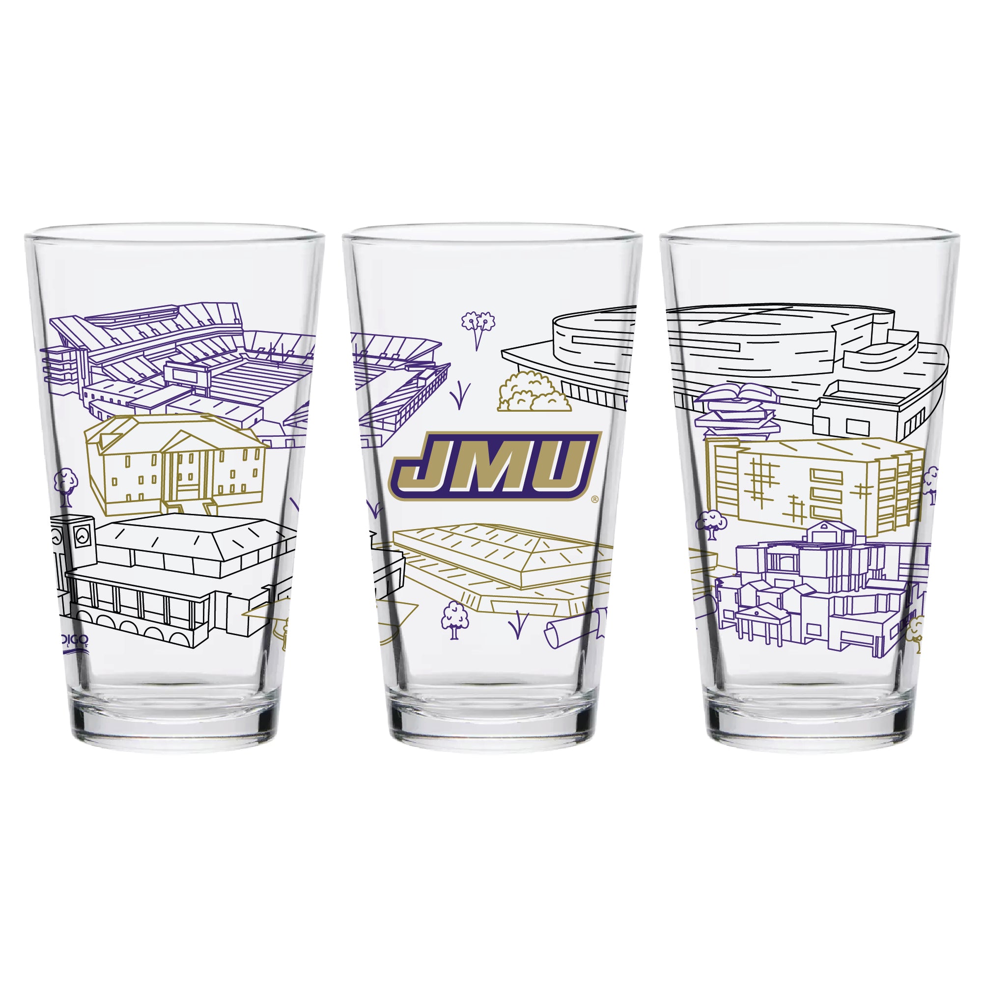 Set of 2 James Madison Dukes Campus Line Art 16oz Pints