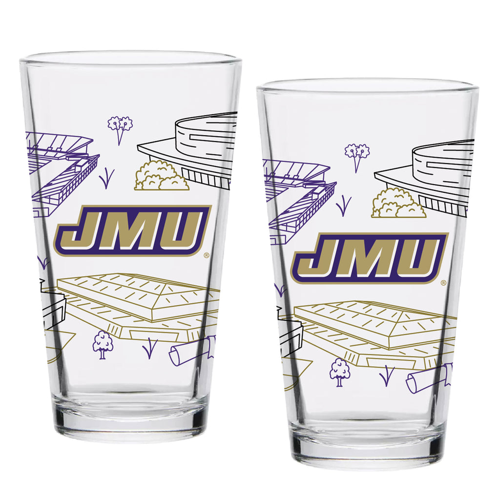 Set of 2 James Madison Dukes Campus Line Art 16oz Pints