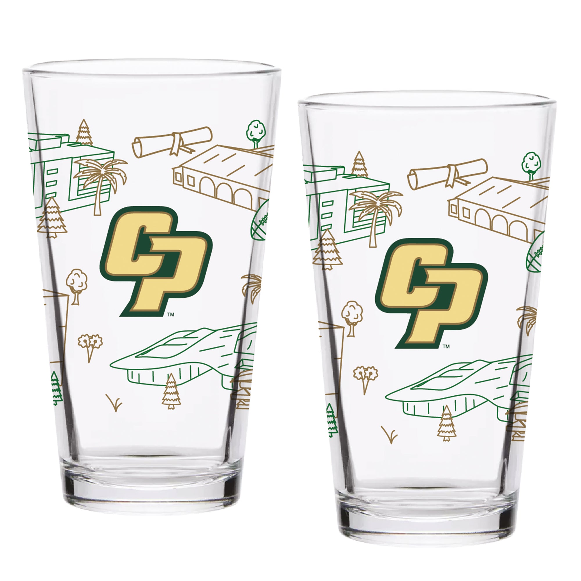 Set of 2 Cal Poly Mustangs Campus Line Art 16oz Pints
